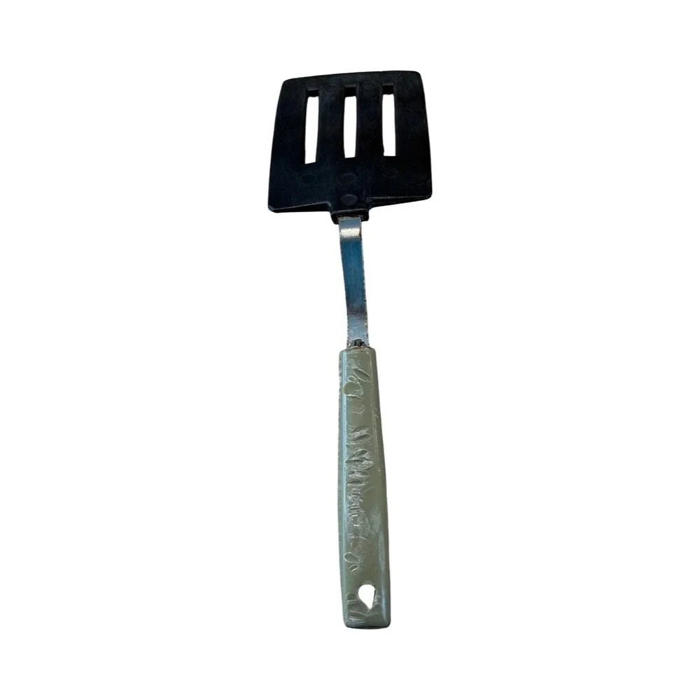 Vintage EKCO USA Slotted Turner Spatula Black Nylon Sage Green Handle USA Made